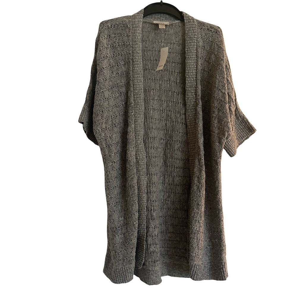 NWT LOFT Gray Intricate Weave Cotton Blend Knit Open-Front SS Cardigan